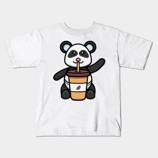 Sticker and Label Of Cute Baby Panda With Coffee. Kids T-Shirt